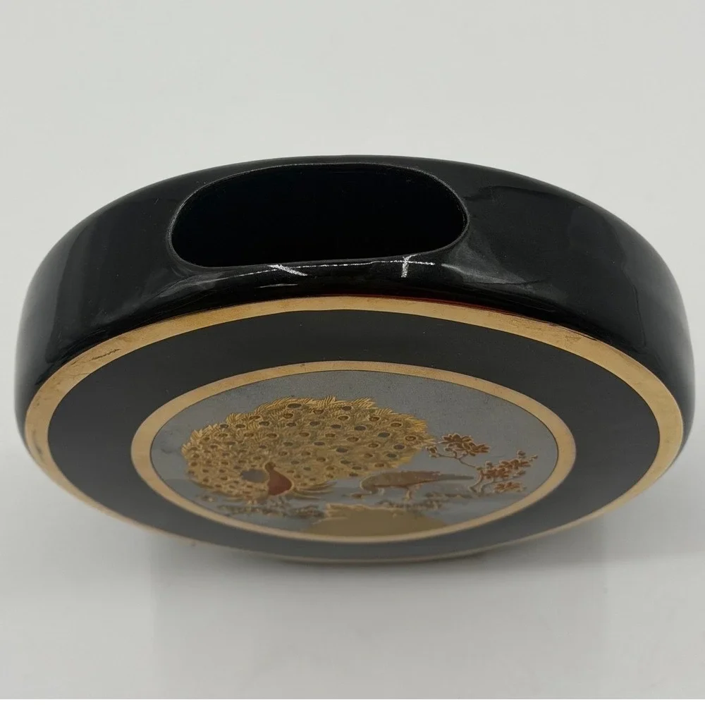 Chokin Art Japan Peacock Bud Vase Black Ceramic 24K Gold Round 6in